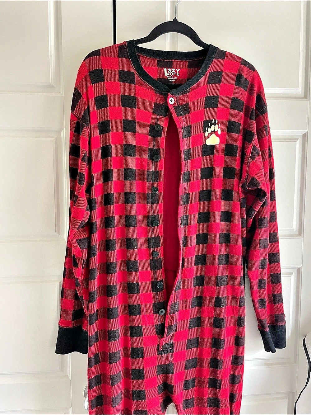 Lazy One Bear Cheeks Adult Plaid Onesie Flapjack Bear Pajama One-Piece Red &